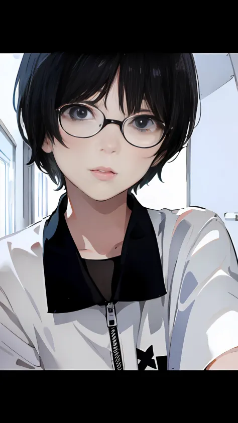 There is a dress with glasses and white zippers with a black collar，the girl poses for a photo,short hair girl, The girl has sho...