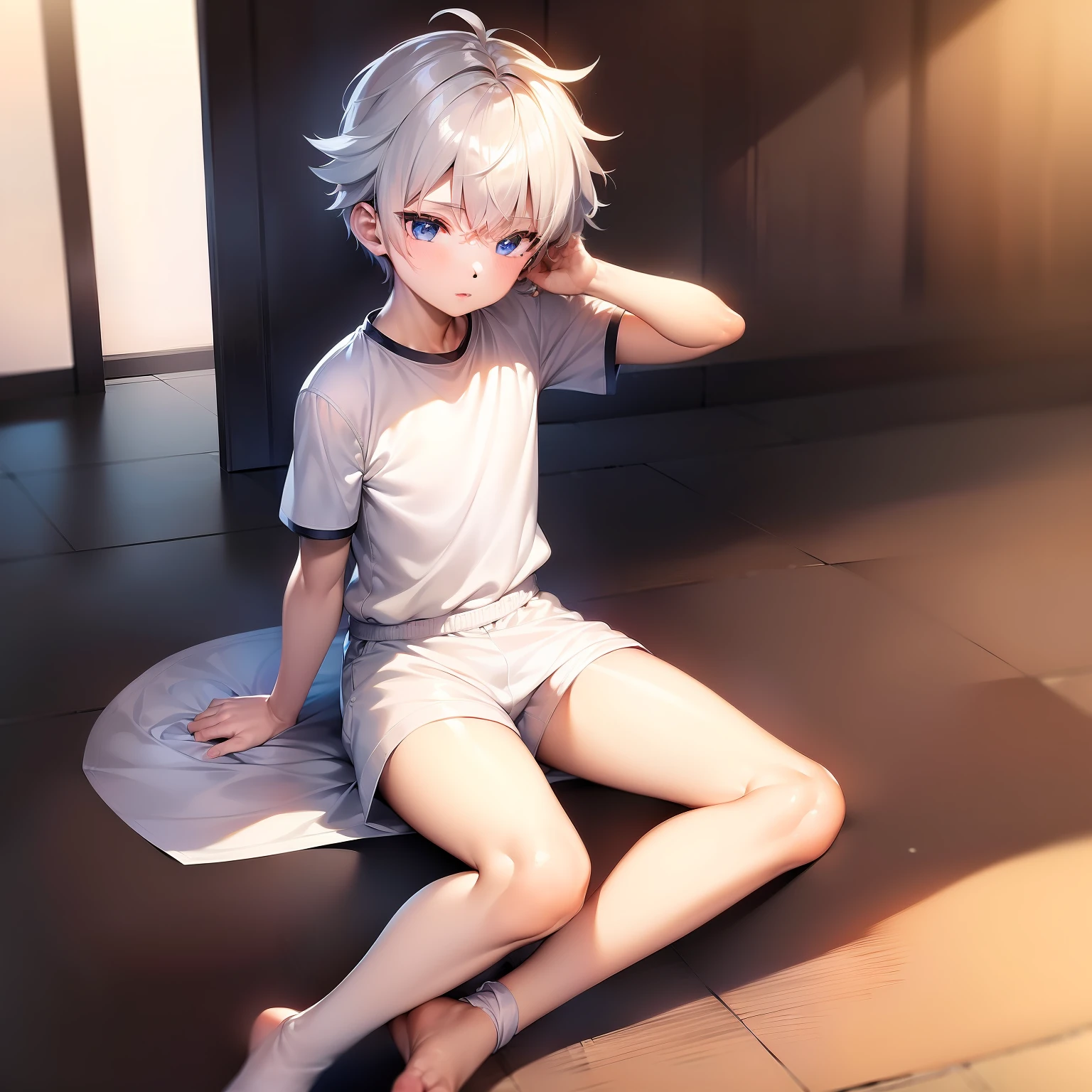 ((masterpiece, best quality)),(complex lighting),solo,portrait, 1boy, full body,killua zoldyck,white hair, spiky hair,blue eyes,white shirt, gym uniform, gym shirt, short sleeves, gym yellow shorts, material is shiny,legs spread, wearing a shiny gown, bulging crotch