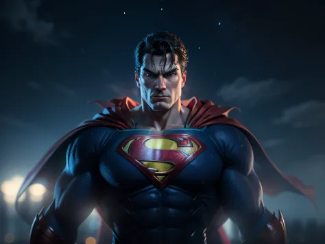Close up on a menacingly powerful, stately-looking Superman, menacing stare, ricamente detalhado, hiperrealista, 3d render, obra...