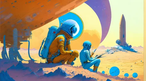 a painting of a Astronauts in Space Suit, repairing a large spaceship, alien planet, ringed planet by Moebius Jean Giraud
