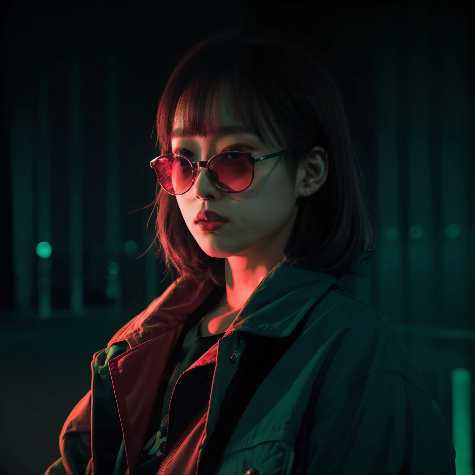 DSLR-Foto, Japanerin trägt eine rote Jacke, Sonnenbrille, NeonSchwarz, Neon, sanfte Beleuchtung, Realistisch, Grüne Beleuchtung, harter Schatten, Meisterwerk, beste Qualität, kompliziert, hohe Detailgenauigkeit, 8k, Modelshooting-Stil, Filmkorn,