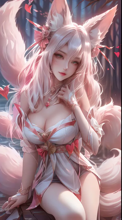 (Fox ears white hair girl，full bodyesbian，dynamicposes)，tmasterpiece，beautifuldetails，Extremely colorful，Exquisite details，Delicate lips，The details are complex，Realiy，Ultra photo realsisim，A girl and a white-haired fox sit on a branch：1.1，Fox ears white h...
