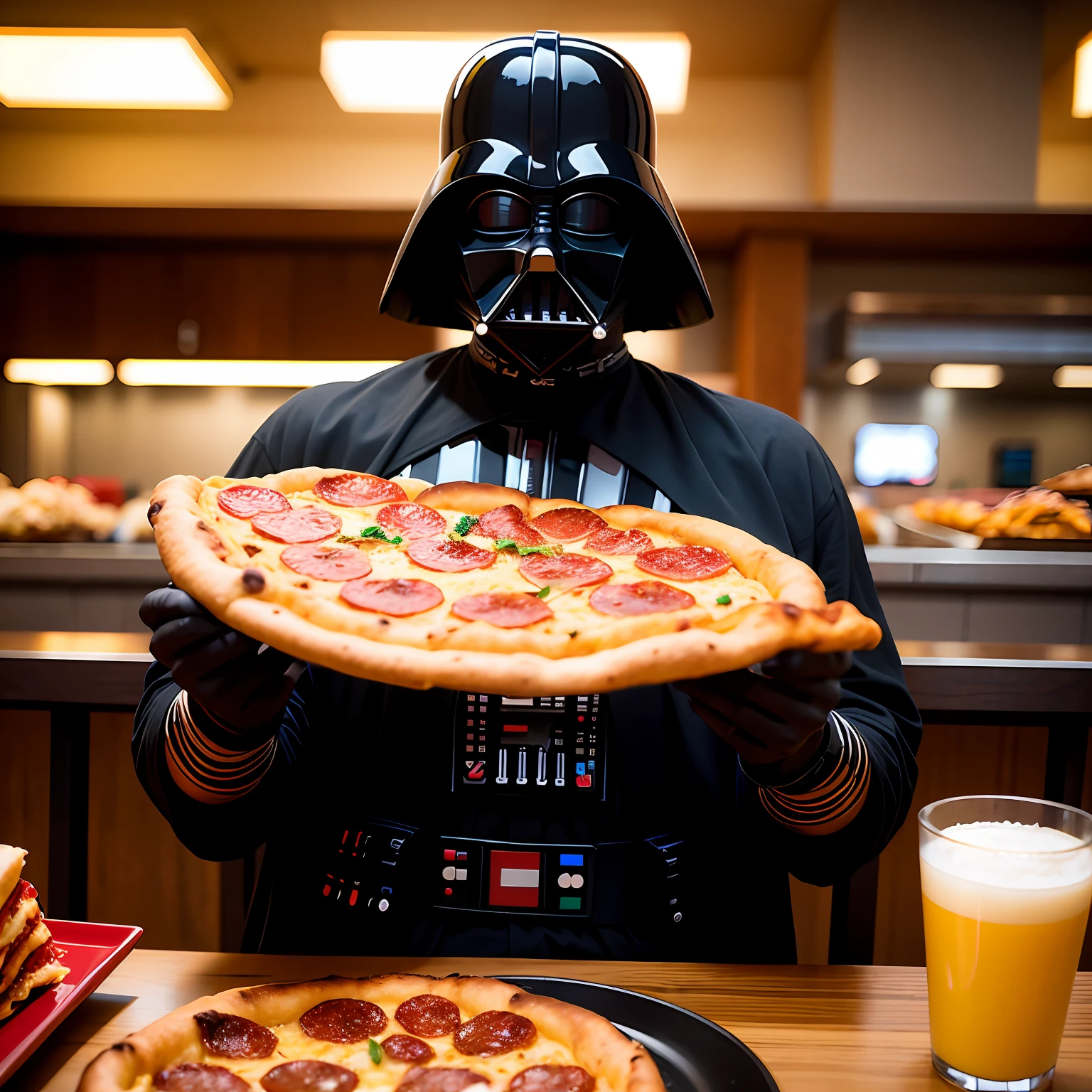 darth vader comendo pizza, em uma pizzaria,