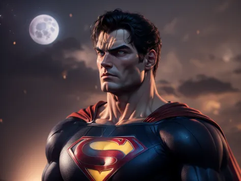 Close on a powerful menace, Imposing looking Superman, menacing stare, ricamente detalhado, hiper realista, 3D-rendering, obra-p...