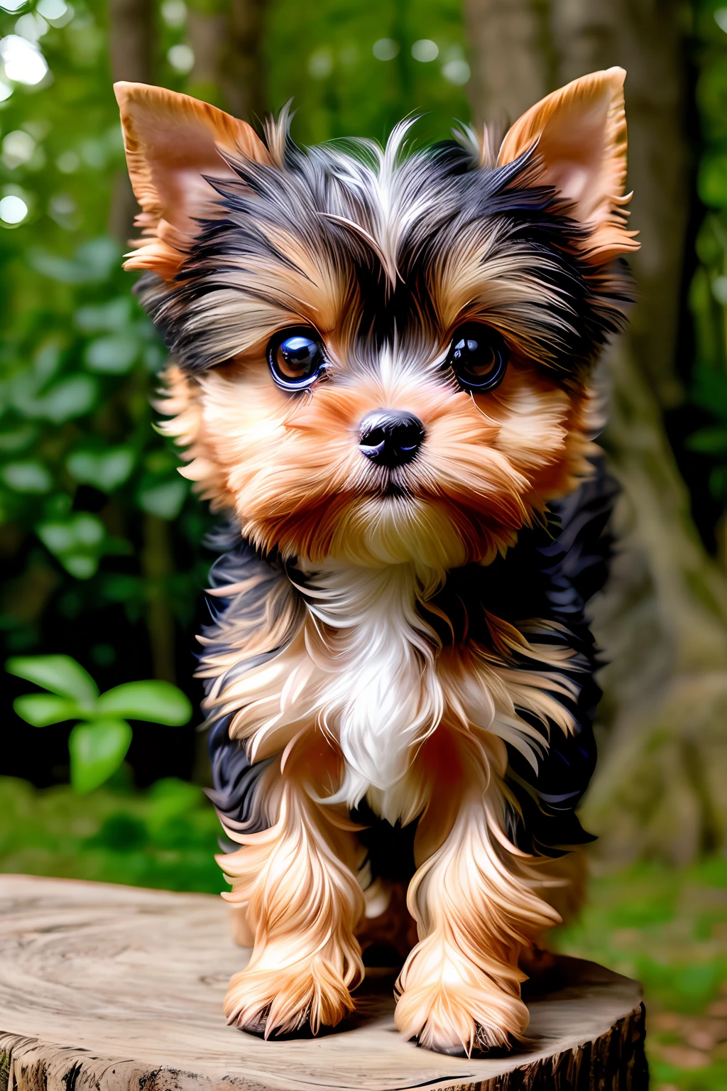 portrait, Chibi Super Kawaii Un chiot Yorkie rond adorable, Beau fond forestier luxuriant, upclose, Highly detailed fur, yeux bruns doux, 8k,