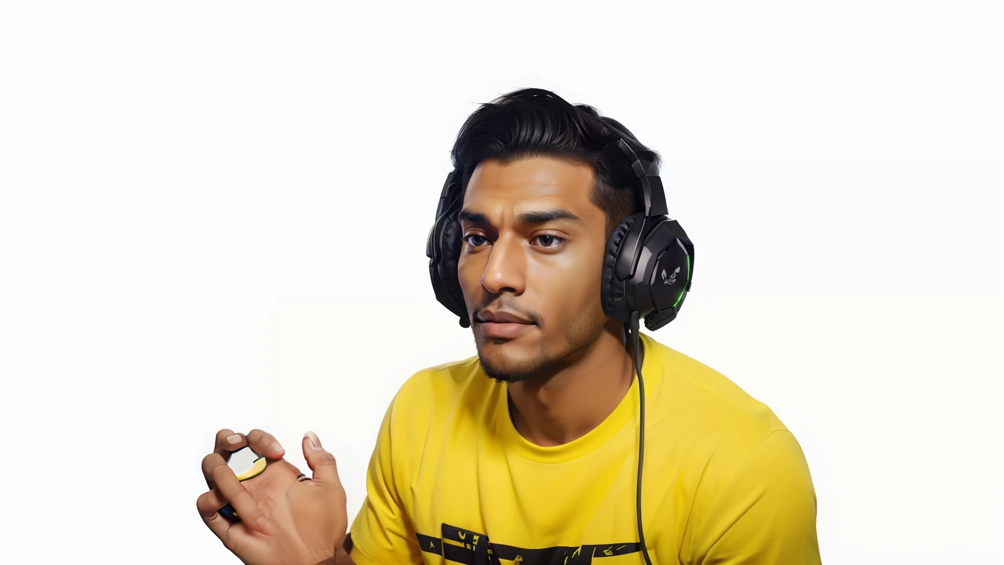 there is a man wearing headphones and a yellow shirt wearing