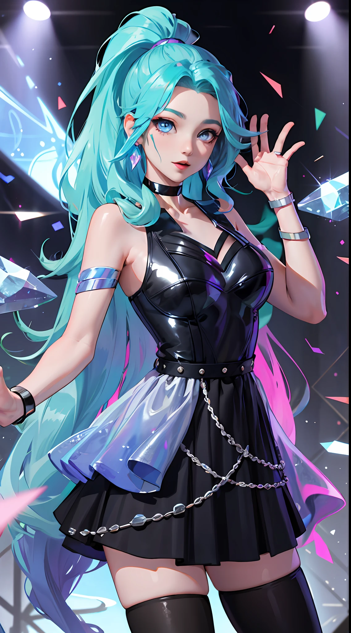 Meisterwerk, beste Qualität, highres, seraphine1, 1 Mädchen, Allein, Blaue Haare, k/Und \(League of Legends\), Sehr langes Haar, mehrfarbige Haare, Schmuck, Pferdeschwanz, blaue Augen, Ohrringe, Kleid, schwarzes Halsband, zweifarbiges Haar, lila Haare, schwarze halterlose Strümpfe, Armband, schwarzer Rock, Kristall, große Brüste, auf der Bühne, winken