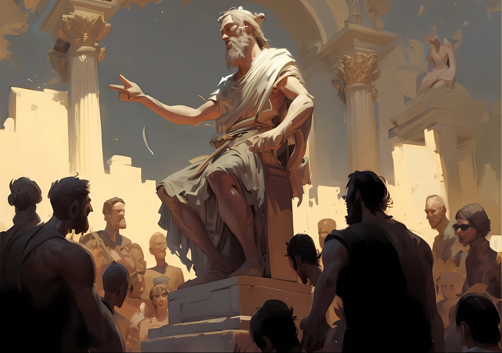 Uma pintura de Arafed de uma estátua de um homem com uma espada em frente a uma multidão, Dirigido por: Aleksander Gine, inspirado em Gregório Manchess, Dirigido por: Gregório Manchess, Dirigido por: Jeremy Chong, Rob Rey, Dirigido por: Daniel Ljunggren, Dirigido por: Roman Bezpalkiv., cena épica de Zeus, Dirigido por: Dan Christensen, Dirigido por: Zhou Chen, Mito grego pintura digital