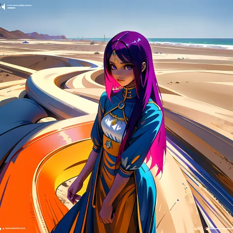 chica de cuerpo entero vestida de oficina su cabello es de color violeta  camina pensatica por un palacio del desierto