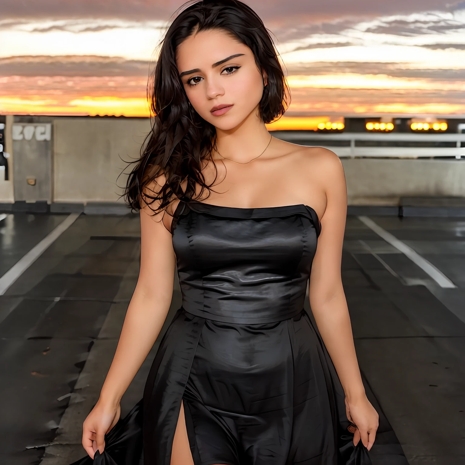 photo of Sasha Calle in a black dress, black hair, short hair, tan skin, makeup, dark lips, standing in a city parking lot at night, dark background, sunset, detailed skin, detailed eyes, depth of field, 8k uhd, dslr, dim lighting, high quality, film grain,