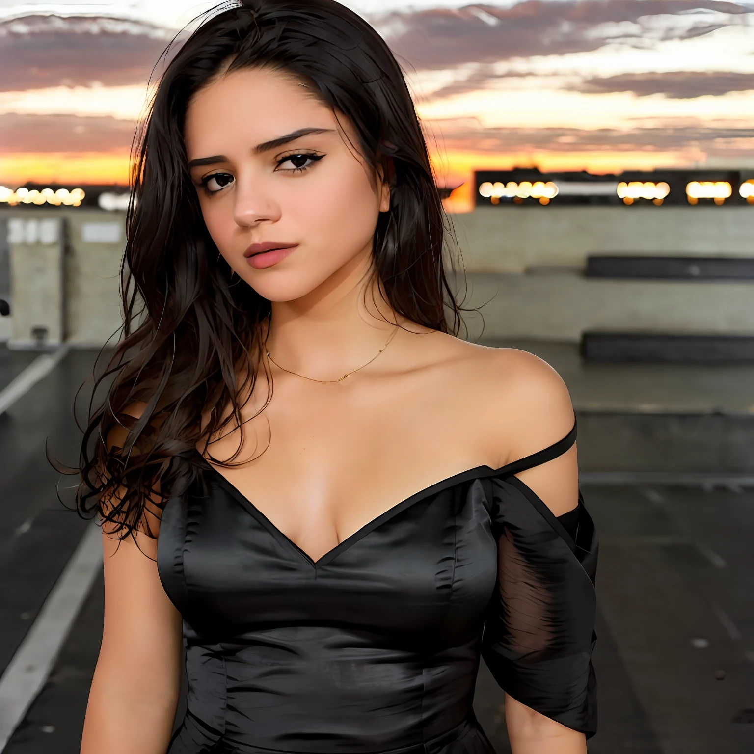 photo of Sasha Calle in a black dress, black hair, short hair, tan skin, makeup, dark lips, standing in a city parking lot at night, dark background, sunset, detailed skin, detailed eyes, depth of field, 8k uhd, dslr, dim lighting, high quality, film grain,