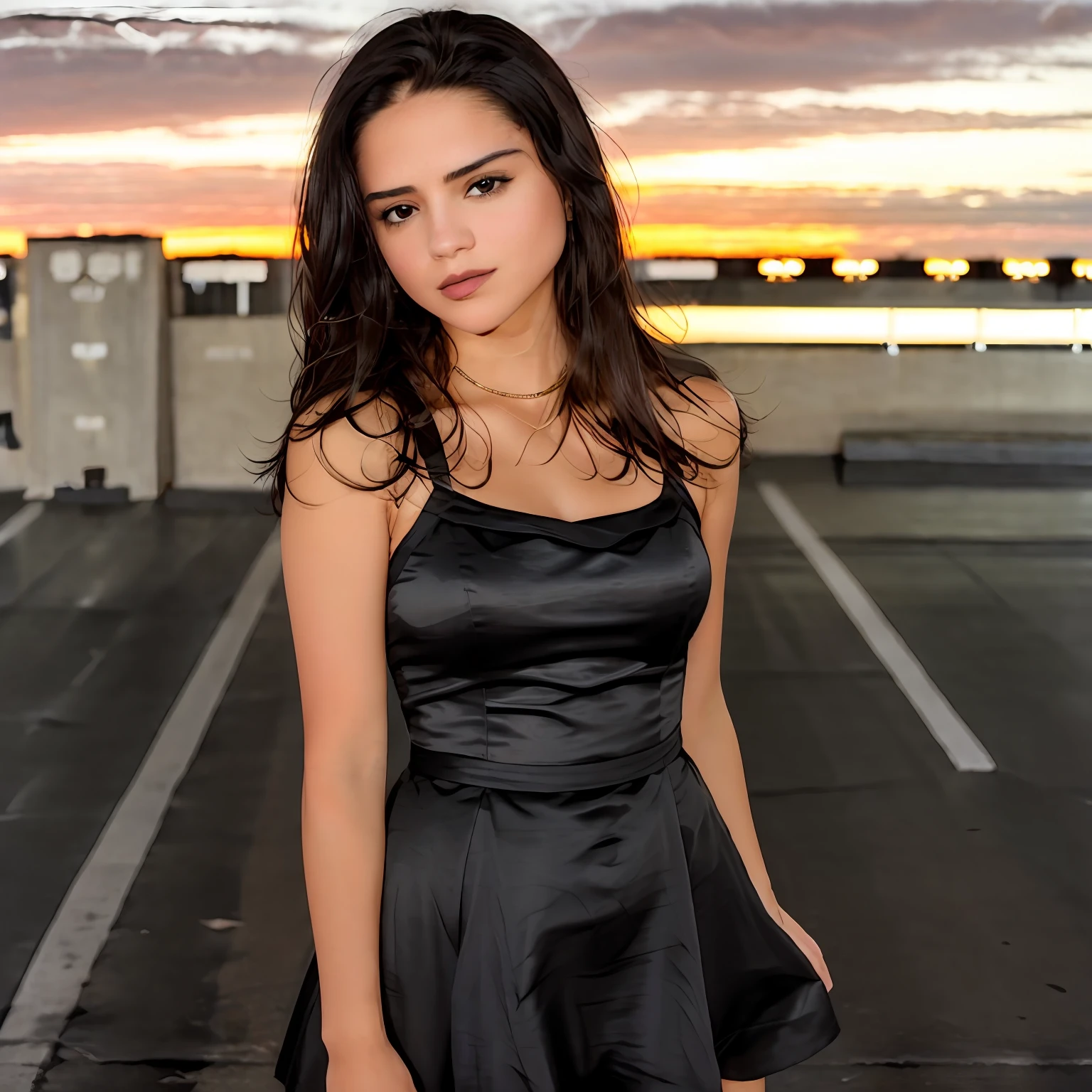 photo of Sasha Calle in a black dress, black hair, short hair, tan skin, makeup, dark lips, standing in a city parking lot at night, dark background, sunset, detailed skin, detailed eyes, depth of field, 8k uhd, dslr, dim lighting, high quality, film grain,