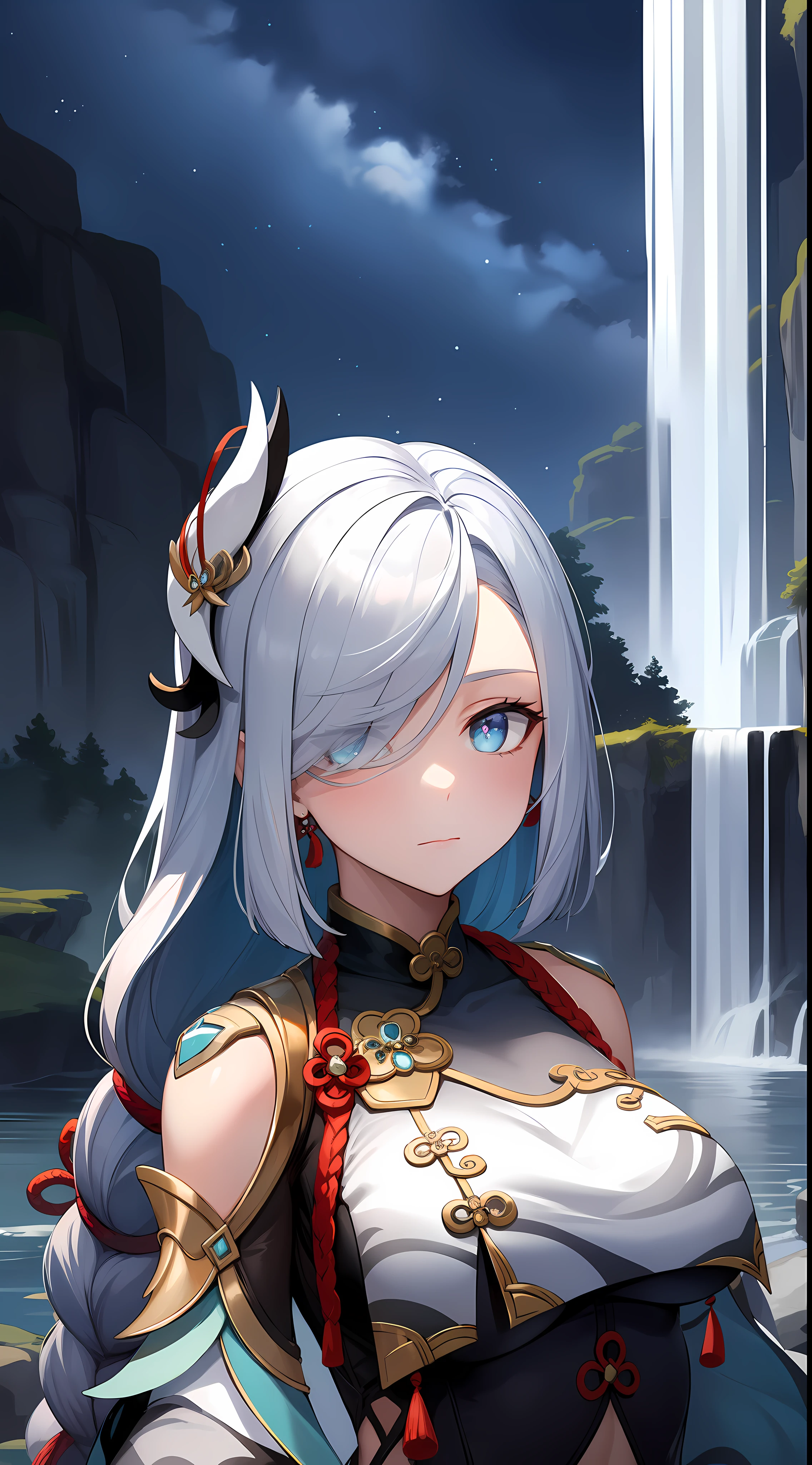 shenhedef, upper body, serious expression, blush, outdoors, night, liyue house background, night starry sky, short hair, sky, beautiful nature surrounding by waterfall, looking at viewer, mountain, moody lighting, (perfect detail eyes:1.2), glowing eyes, long hair braid