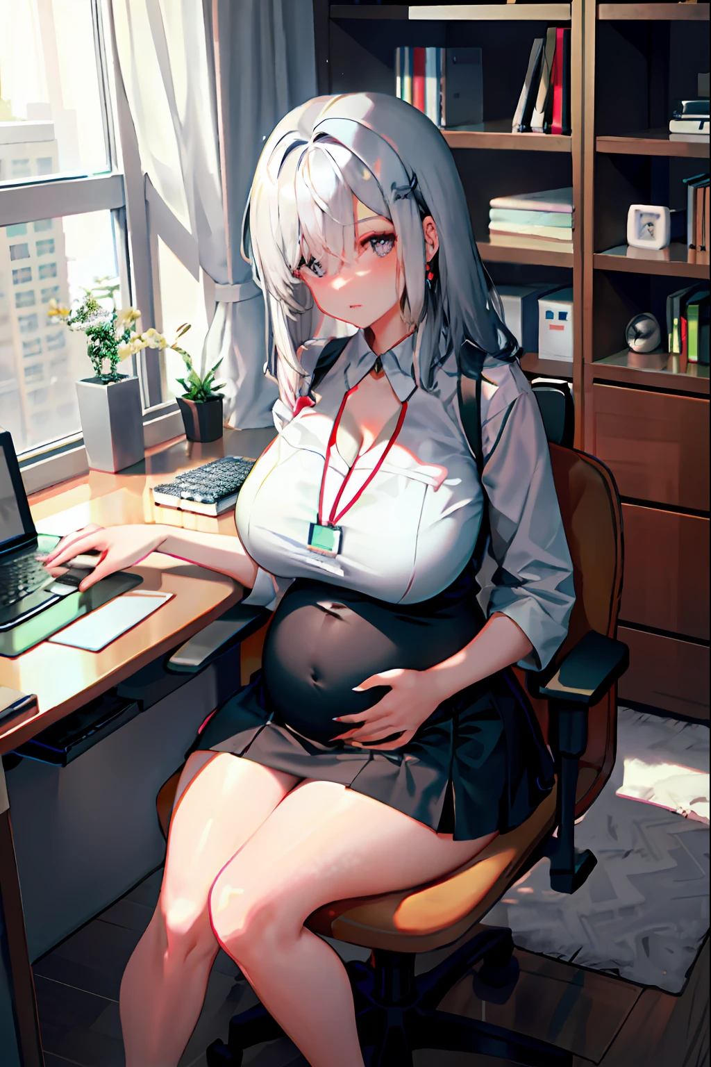 shenhe， 1girll， solo， （（white  shirt））， black thighhigns， nedium breasts，， Uniforms， office backdrop， a black skirt， pleatedskirt， office room， hair between eye， hair adornments，big cleavage breasts， long whitr hair， looking at viewert， silber hair， silver short nails， Silver eyes， solo， upper legs， upper legs， long whitr hair， （（tmasterpiece））， Sat down， a chair， Study desk， Computer on the desk， name badge， ID tags， inside in room， Be red in the face， a sexy pose，pregnant belly，Pregnant belly