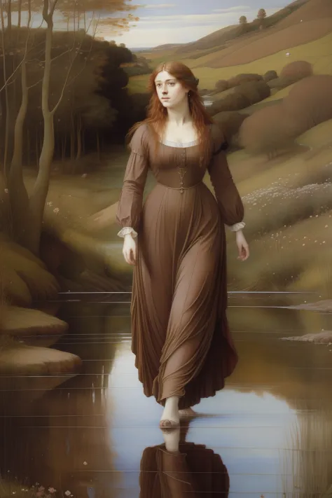(((Pre-Raphaelite painting))) linda aveleira na beira de um lago sereno, Hazelnuts, tons outonais, encantada, aveleira