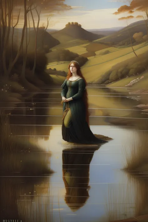 "(((Pre-Raphaelite painting))) aveleira ao lado de um lago sereno, um peixe saltando do lago, Hazelnuts, tons outonais, avelanzeiras".