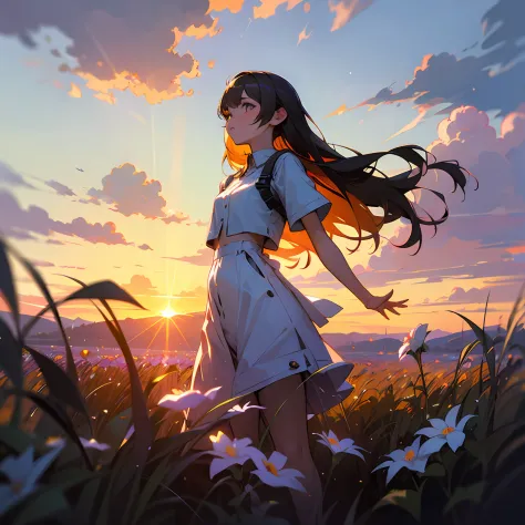girl standing in field of neon flowers, detailed face, mid shot, clouds, sunrise