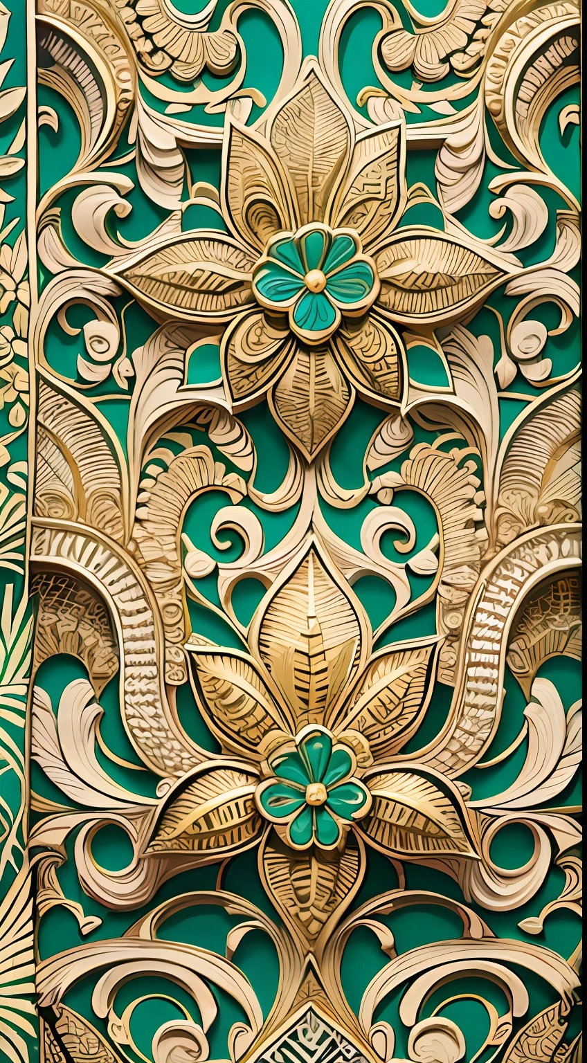 masterpiece, Amazing and intricate Hawaiian decoration repeating pattern, depth of field, art-deco style decorative wall paper, Color, beautiful, elegant, wallpaper, HQ, The best quality, Epic Quality, Epic resolution, intricate epic, deep green and gold,