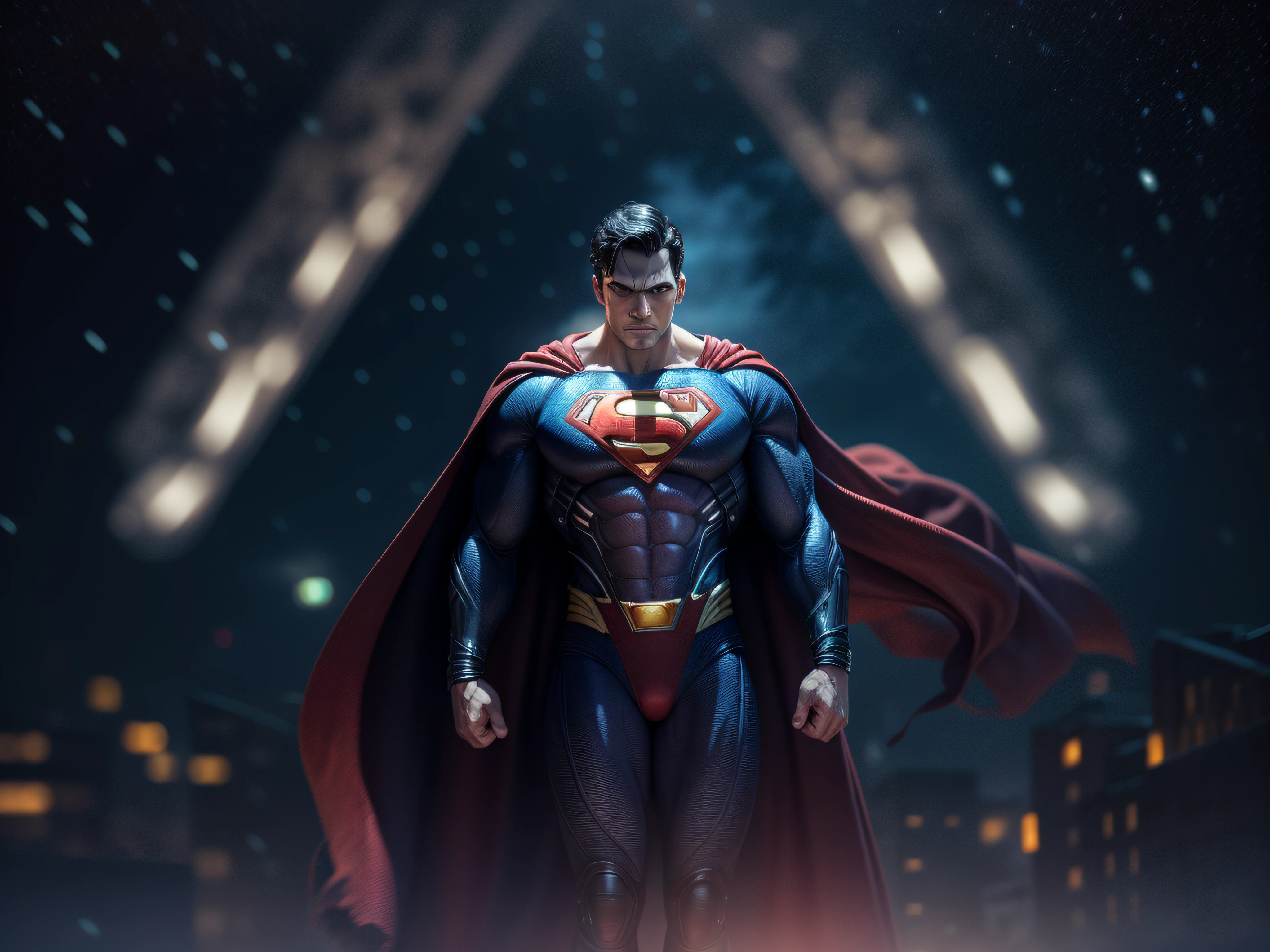 Close a powerful threat, Superman's imposing appearance, menacing stare, ricamente detalhado, Hiper realista, 3D-rendering, obra-prima, NVIDIA, RTX, ray-traced, Bokeh, Night sky with a huge and beautiful full moon, estrelas brilhando,