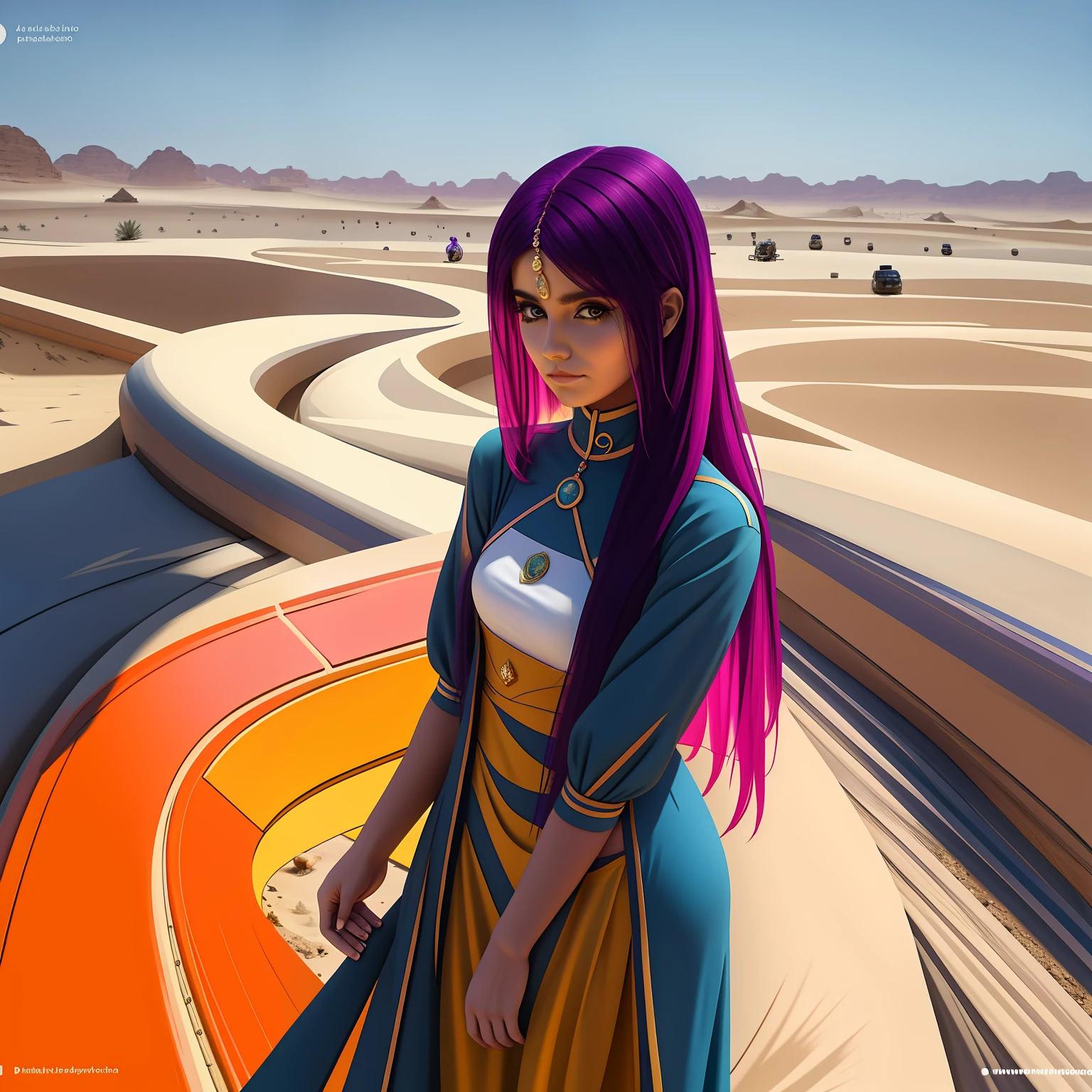 chica de cuerpo entero vestida de oficina su cabello es de color violeta  camina pensatica por un palacio del desierto