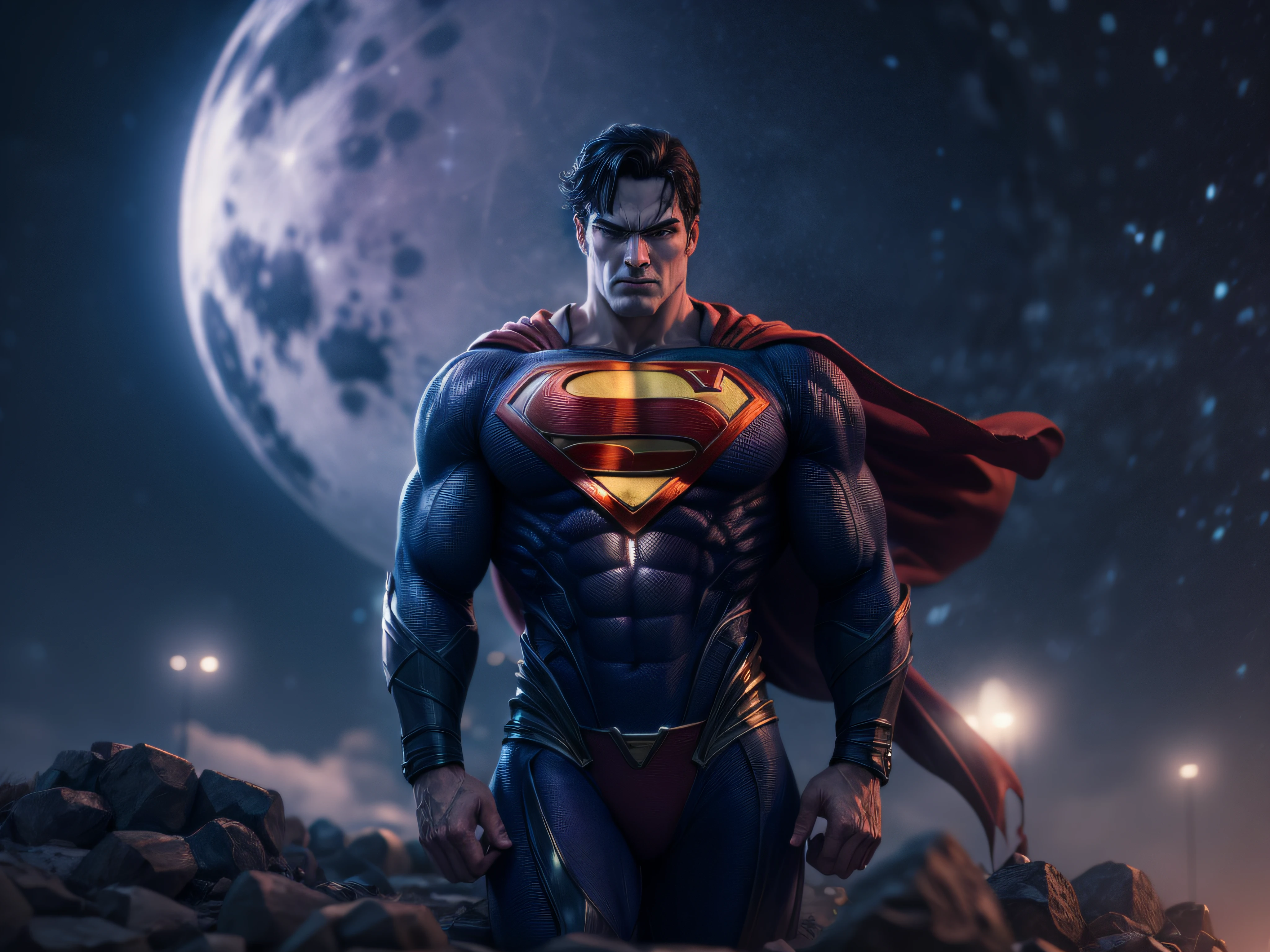 Close a powerful threat, Superman's imposing appearance, menacing stare, ricamente detalhado, Hiper realista, 3D-rendering, obra-prima, NVIDIA, RTX, ray-traced, Bokeh, Night sky with a huge and beautiful full moon, estrelas brilhando,
