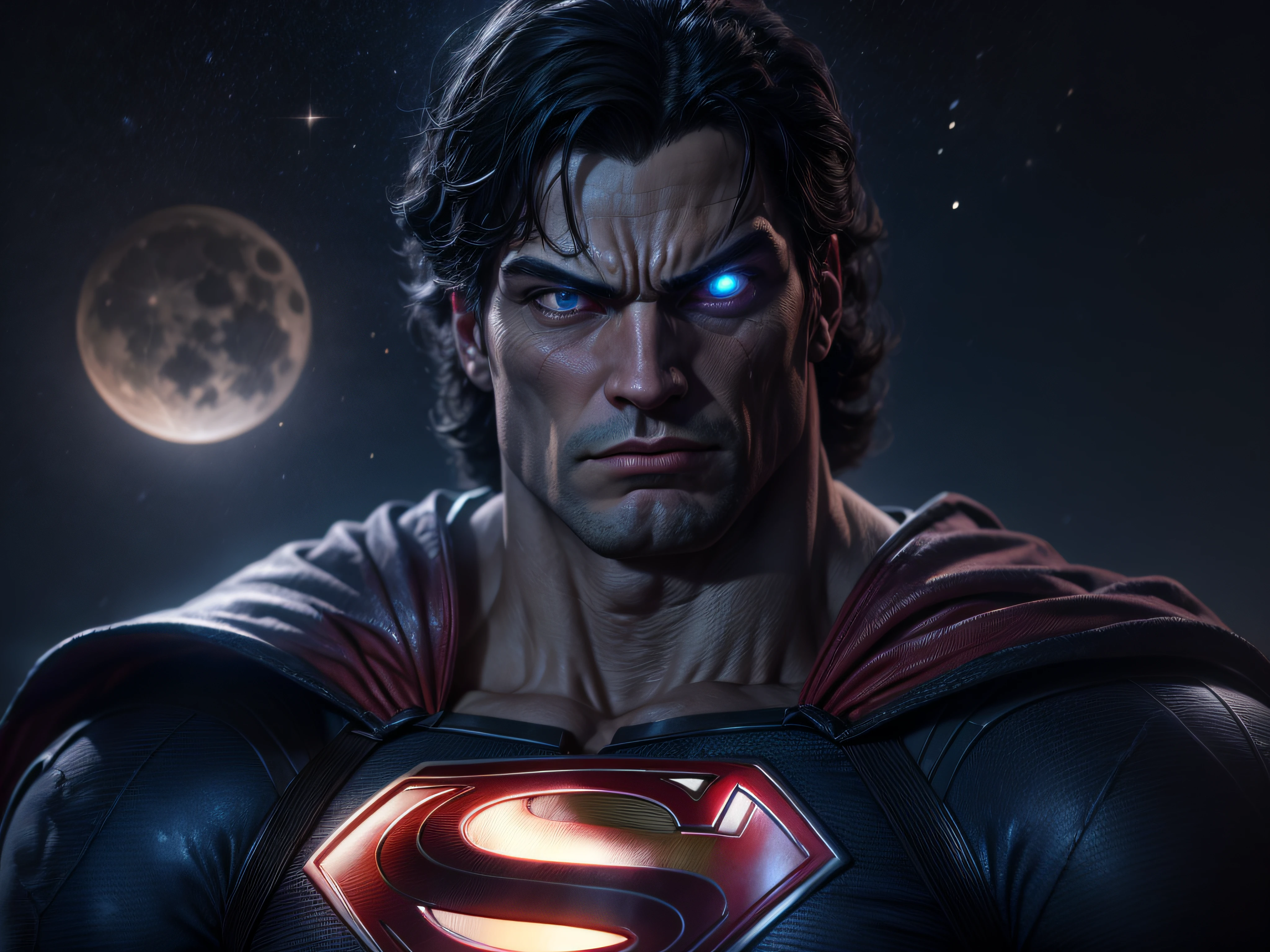 Cerrar una poderosa amenaza, La imponente apariencia de Superman, mirada amenazadora, ricamente detallado, Hiper realista, renderizado 3D, obra-prima, NVIDIA, RTX, trazado de rayos, bokeh, Cielo nocturno con una enorme y hermosa luna llena., estrellas brillantes,