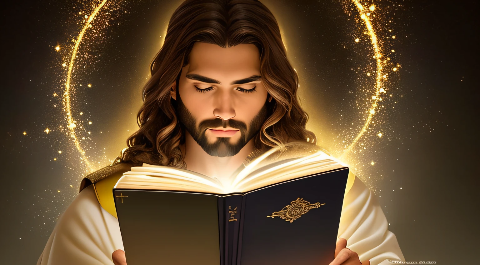 (high qualiy: 1.3), Cinematographic shot, Masterpiece artwork, (sharp focus: 1.5), (photorrealistic: 1.3), Medium portrait of (Jesus holding a HOLY BIBLE IN A FLASHY SETTING), detailed back ground, clear lighting, twilight lighting, volumeric lighting, complexdetails, uhd,