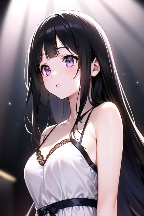 A superb exquisite Chitanda Eru, purple eyes, black long hair, natural straight hair, straight bangs, solo, ((idol)), ((on stage...