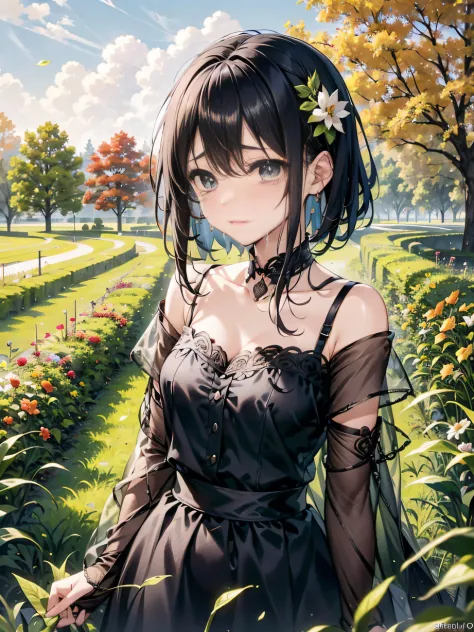 ，masterpiece, best quality，8k, ultra highres，Reallightandshadow，In an autumn flower field，，Beautuful Women，lose，sad，regrettable，streaming tears