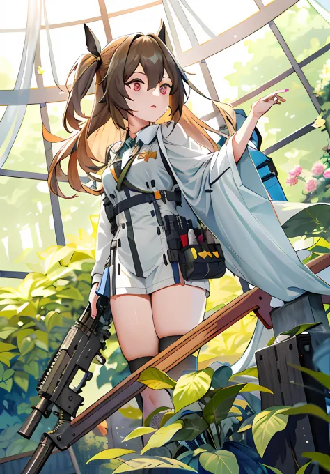 Anime girl with gun and suitcase in front of window, from girls frontline, From Arknights, girls frontline style, Fine details. ...