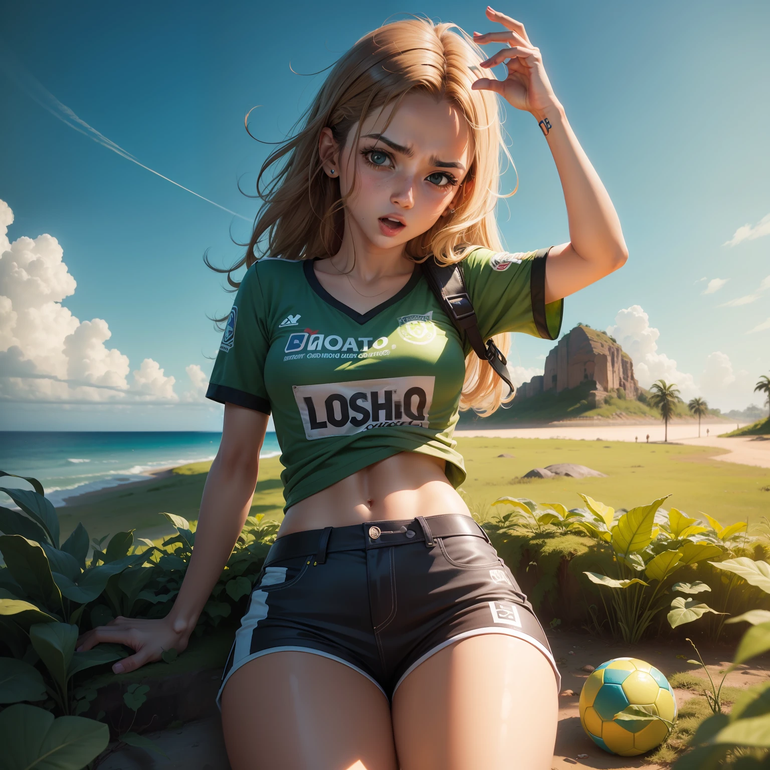 A close up of a woman in a green shirt and black shorts - SeaArt AI