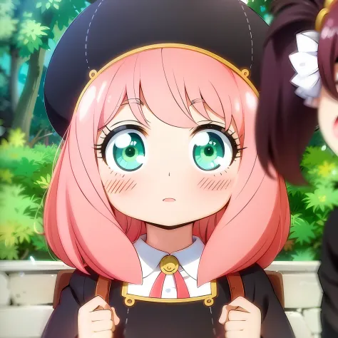 Menina anime com cabelo rosa e olhos verdes olhando para outra garota, visual anime de uma menina bonito, acampamento yuru anime...