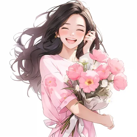 Anime girl holding flowers in her hand，With a smile on his face, With flowers, Guviz, she expressing joy, beautiful and smiling,...