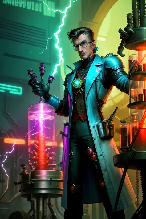 retro  teslapunkai , valvepunk, strange device in laboratory, scientist, cluttered environment, lightning bolts