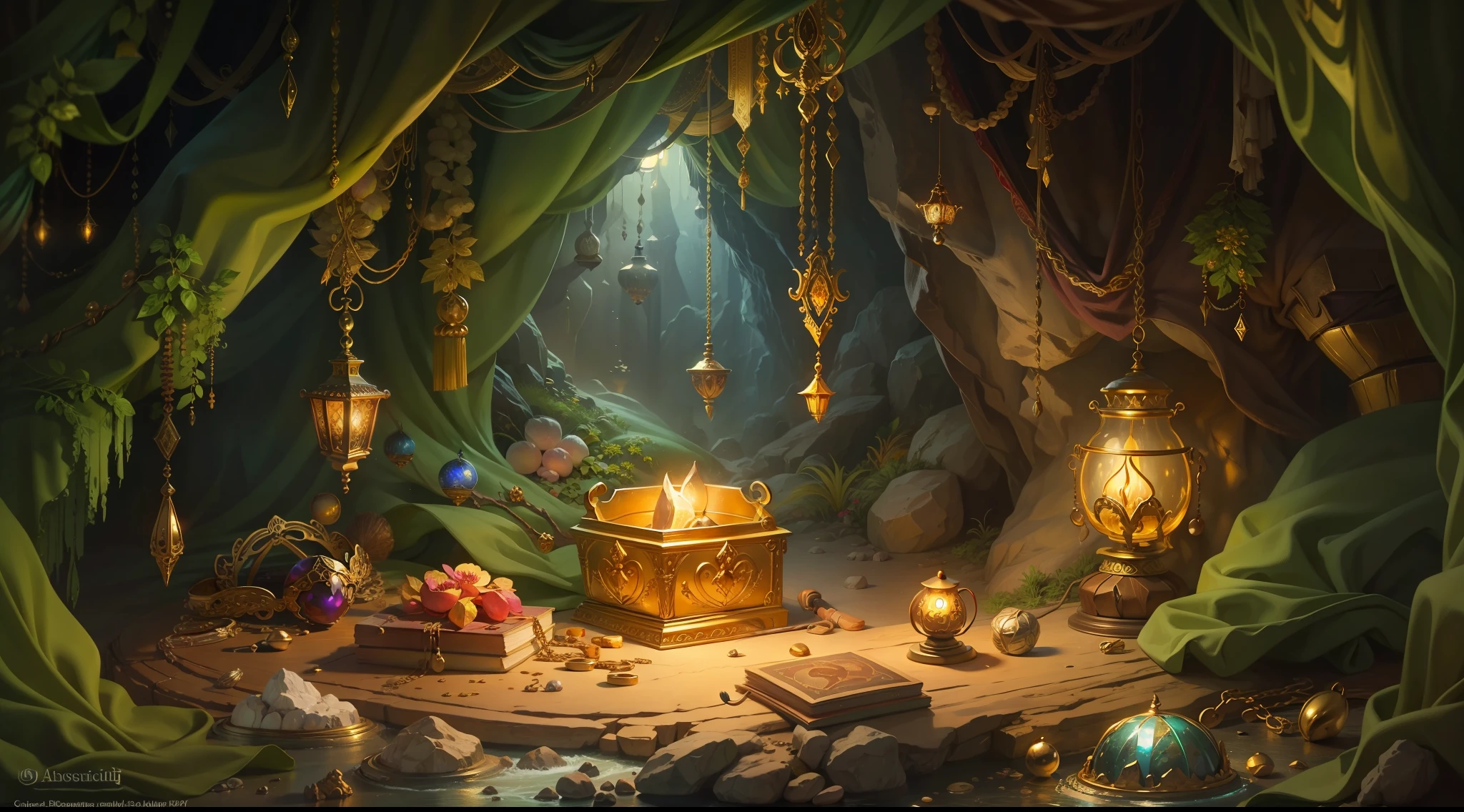 [a realistic painting of a cave with a treasure full of gold and jewels and the light of lamps]