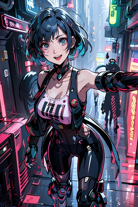 "(uma garota no estilo cyberpunk, com roupas e cabelos no estilo cyberpunk e prendedores de cabelo, sorrindo), (dynamic and expr...