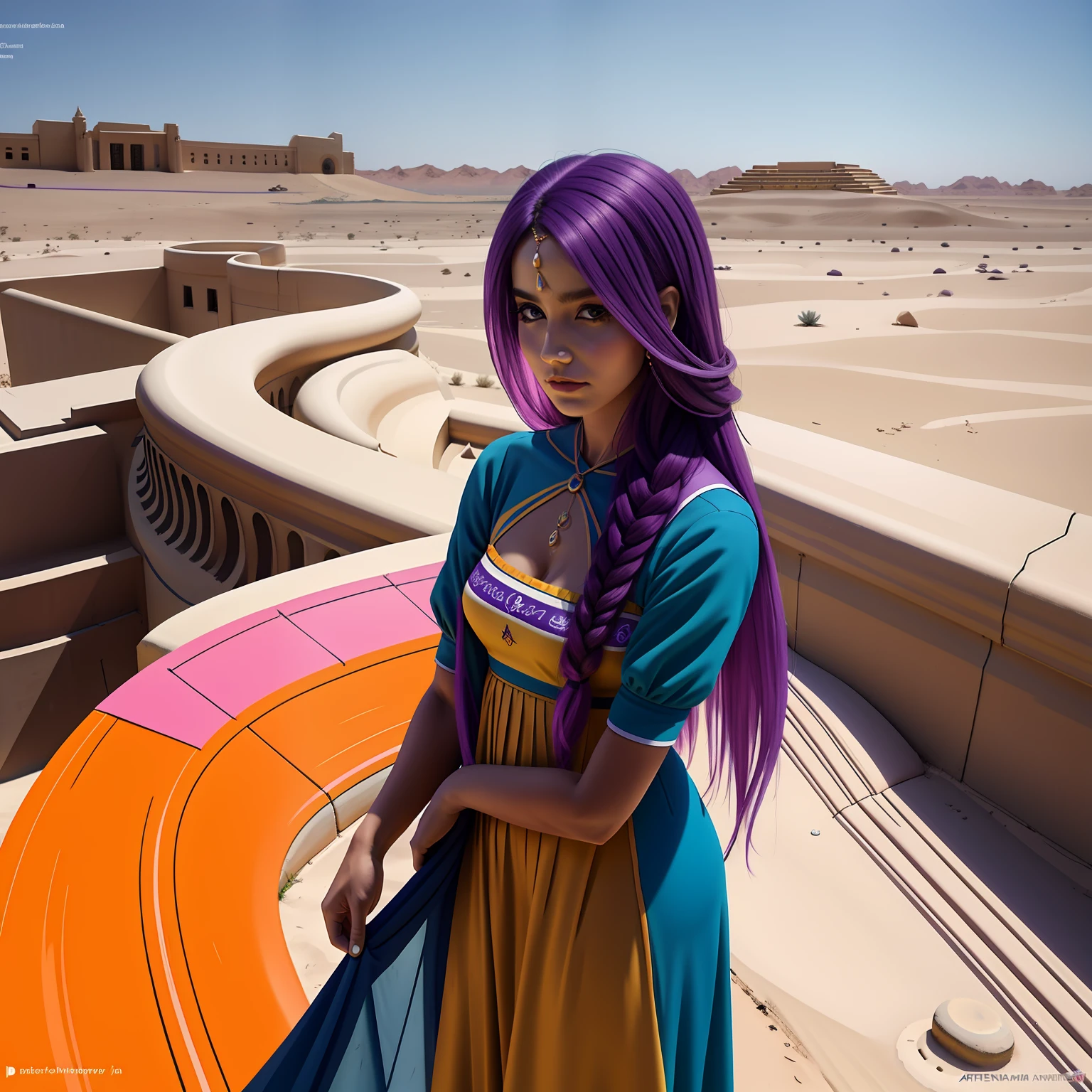 chica de cuerpo entero vestida de oficina su cabello es de color violeta  camina pensatica por un palacio del desierto