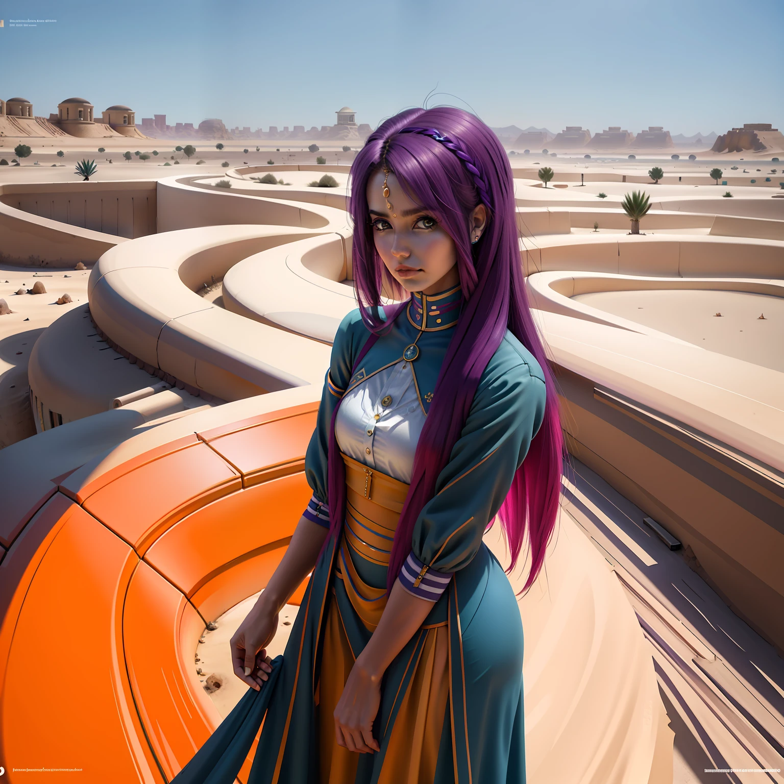 chica de cuerpo entero vestida de oficina su cabello es de color violeta  camina pensatica por un palacio del desierto