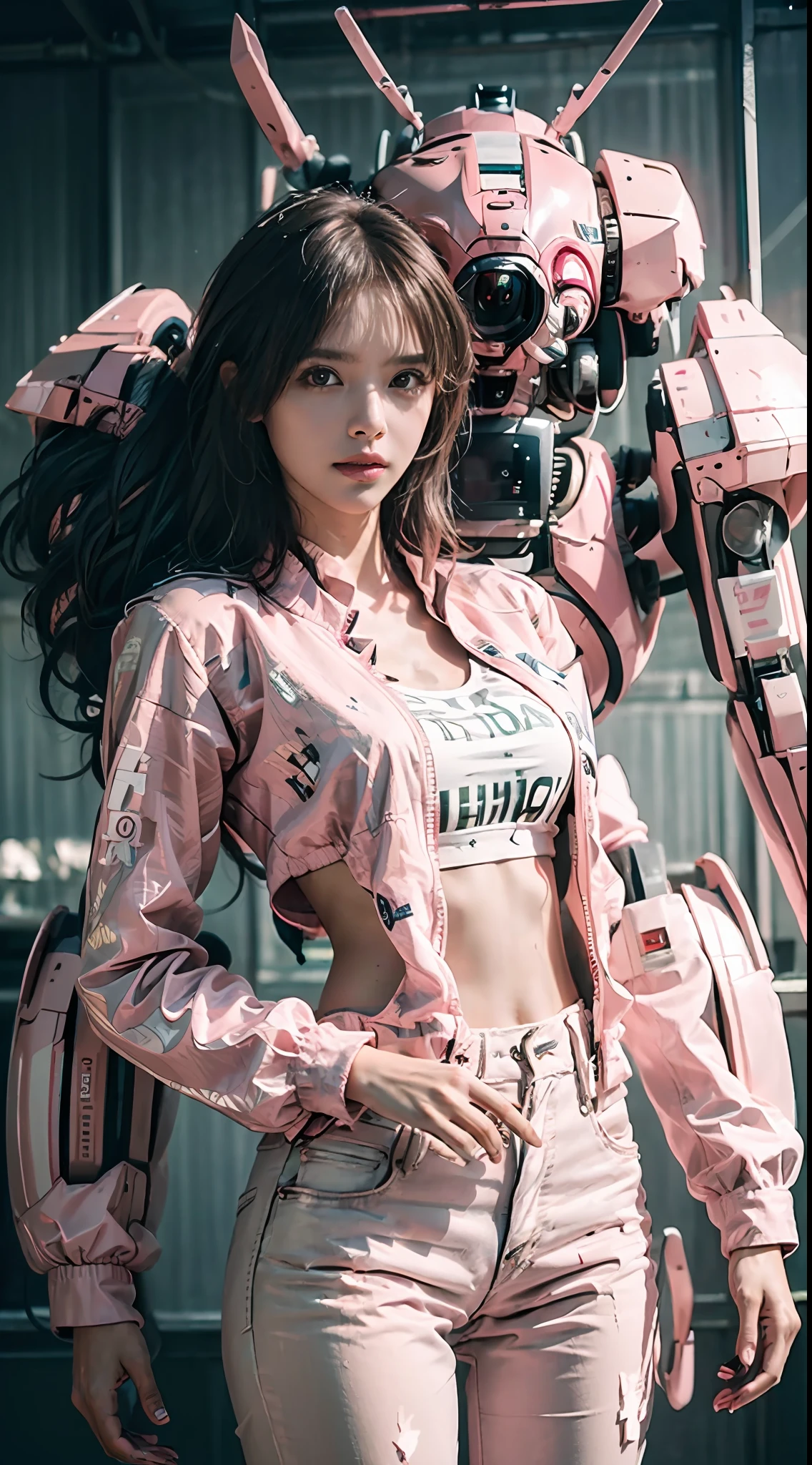 (Best quality, Detailed details, Masterpiece, , 4K, Chiaroscuro，The photos are super realistic and realistic, Highly detailed Canon videography )A girl in a pink jacket and pink pants stands a pink mech robot behind her