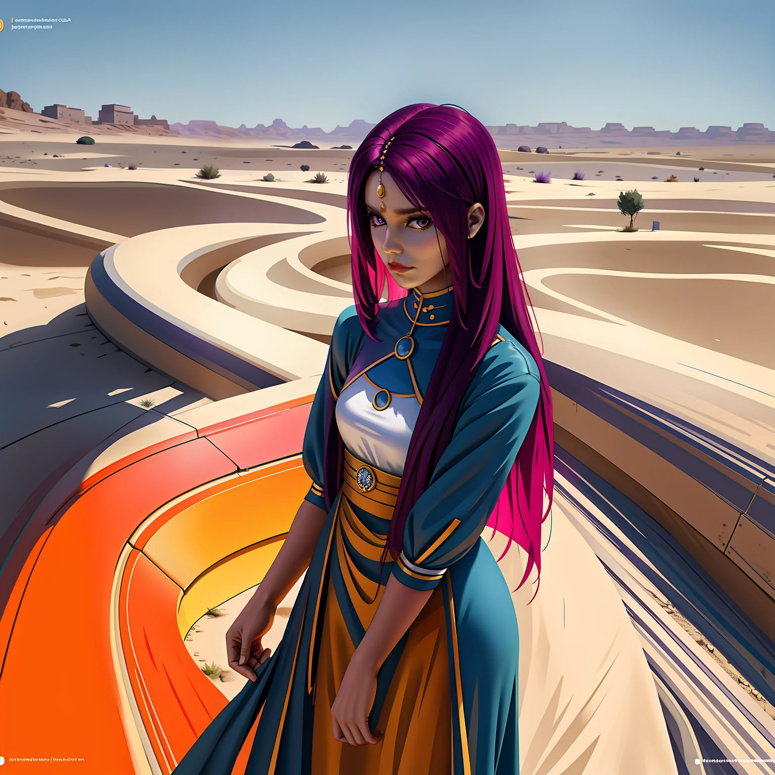 chica de cuerpo entero vestida de oficina su cabello es de color violeta  camina pensatica por un palacio del desierto