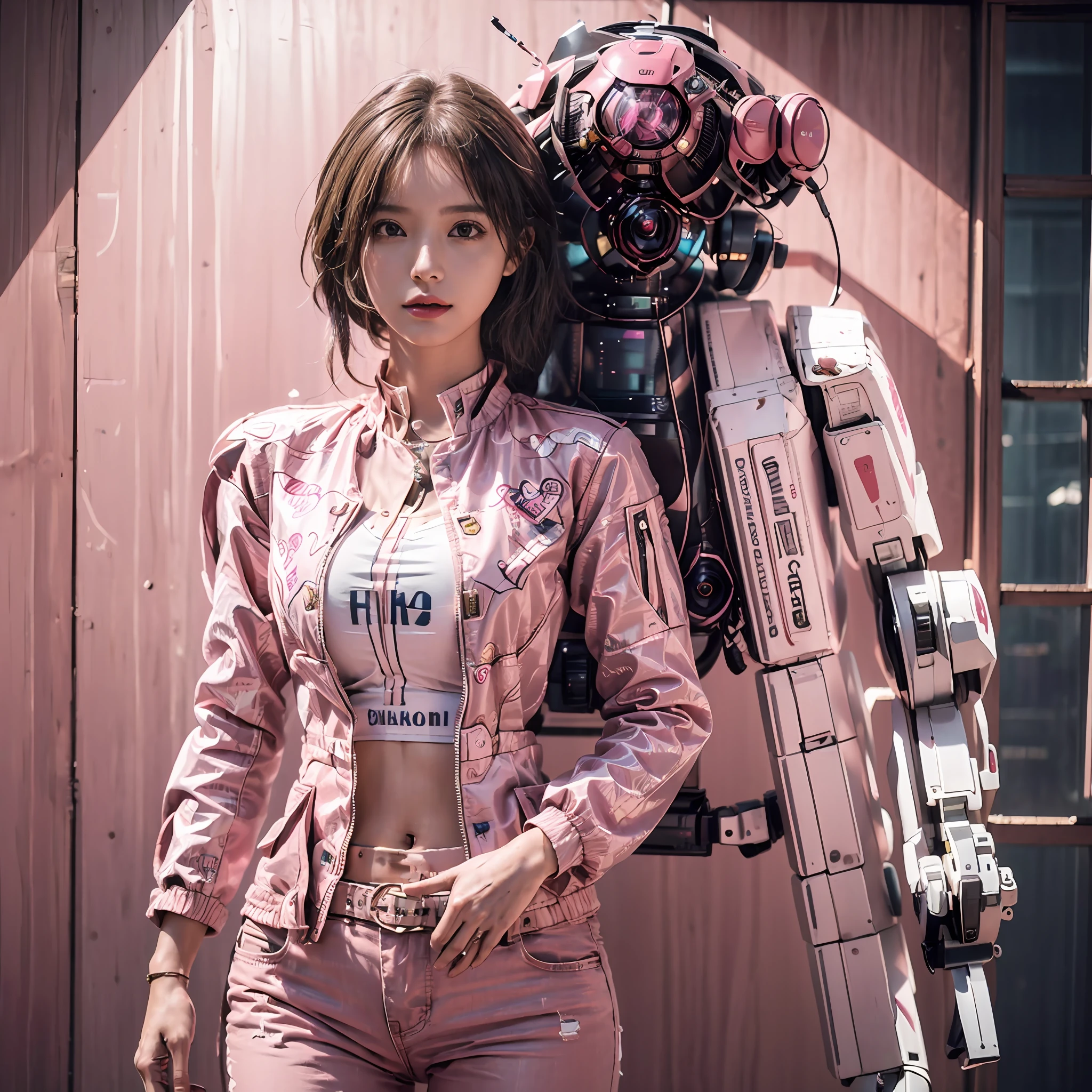 (Best quality, Detailed details, Masterpiece, , 4K, Chiaroscuro，The photos are super realistic and realistic, Highly detailed Canon videography )A girl in a pink jacket and pink pants standing behind her a pink mecha robot pink solid color love heart background