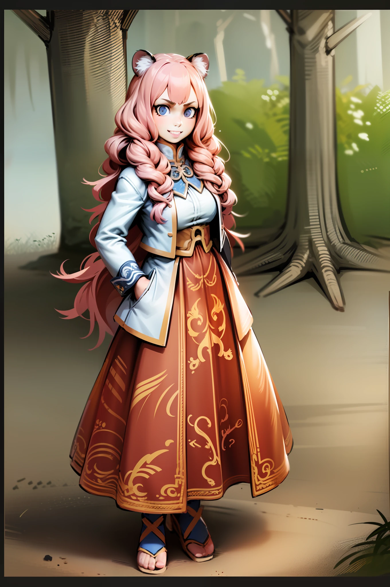 , tiger ears, tiger tails, martial art, medium chest, pink hair, skirt, jacket, godess,1girl,coat,walking, solo focus.1character, holy catholic mountain,alone, full body, long skirt, smug smile, long skirt, victorian cloths, forest, portrait