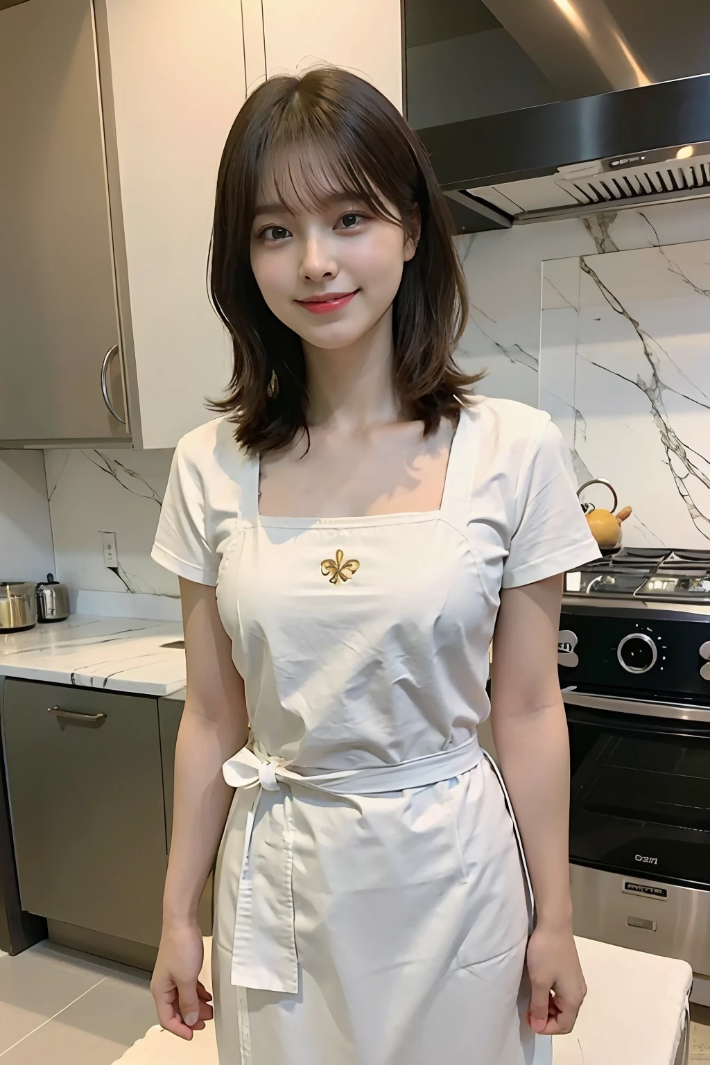 a woman is cooking、(kitchin_Apron:1.Wear 3)、Good Hand、4K、hight resolution、​masterpiece、top-quality、Cap:1.3、((Hasselblad photo))、Fine skin、foco nítido、(lighting like a movie)、Soft lighting、dynamic ungle、[:(详细的脸:1.2):0.2]、Medium chest、sweats streamed skin:1.2、(((In the kitchen))) A smile　Beautiful profile　Colossal tits　Beautiful body　Tying hair　Wide background々and a luxurious living room　Luxurious and luxurious living　Luxurious living room　Beautiful living room　Beautiful living room　A smile　an orange　lemons　A smile　Laughing　banana in　pineapple　Luxurious room　beautiful  lighting　Beautiful lighting　Very large room　very high image quality　very high res　8k Photos　Viewer's Perspective　Very gorgeous kitchen　Luxury Kitchen　　Millionaire Kitchen　Great kitchen　Luxury Kitchen　Luxury Illuminator　very wide々and kitchen　neat and beautiful　Classy and cute　Bra Apron　Standing　full bodyesbian　Full Body　laughing