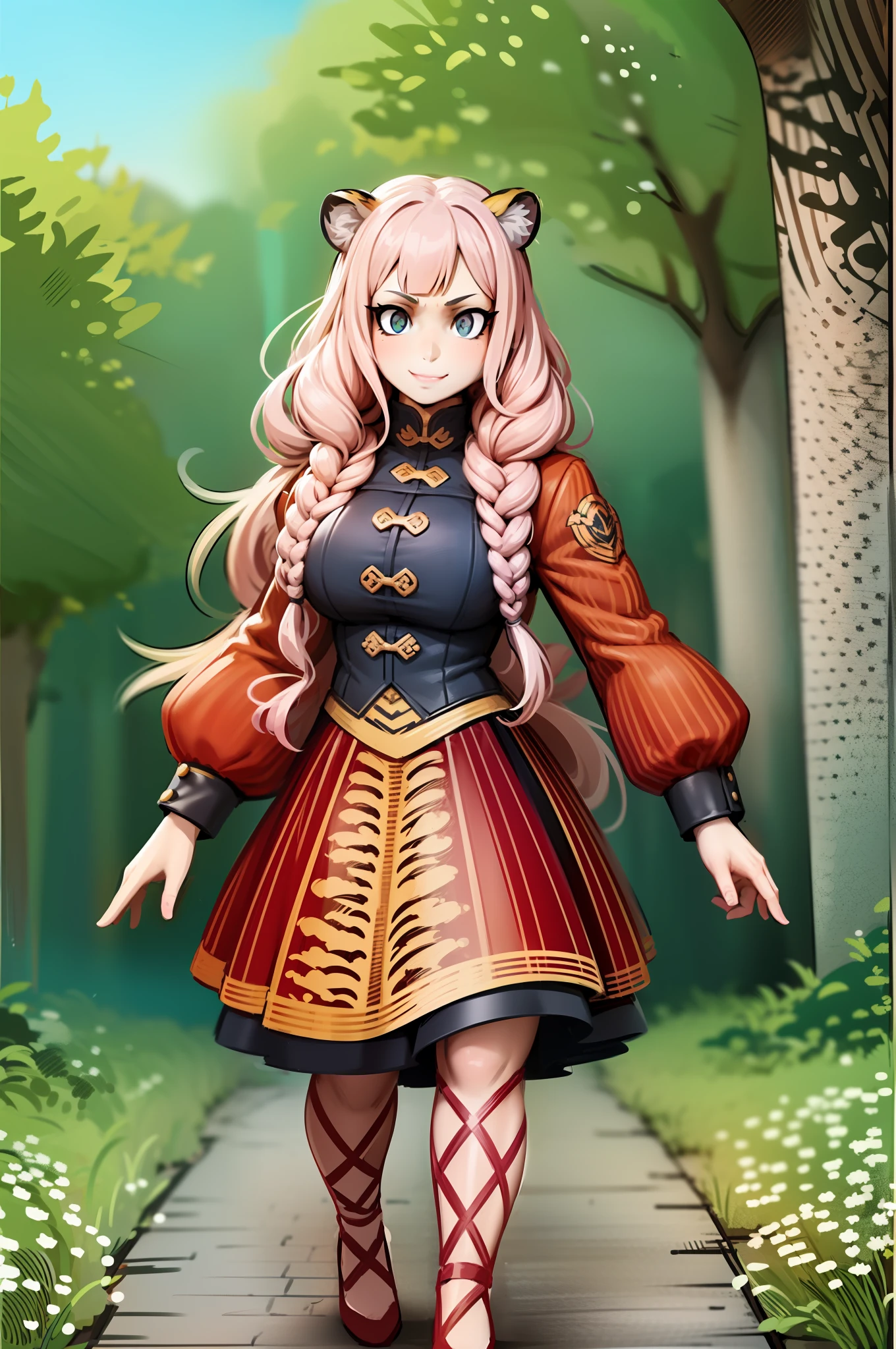 , tiger ears, tiger tails, martial art, medium chest, pink hair, skirt, jacket, godess,1girl,coat,walking, solo focus.1character, holy catholic mountain,alone, full body, long skirt, smug smile, long skirt, victorian cloths, forest, portrait