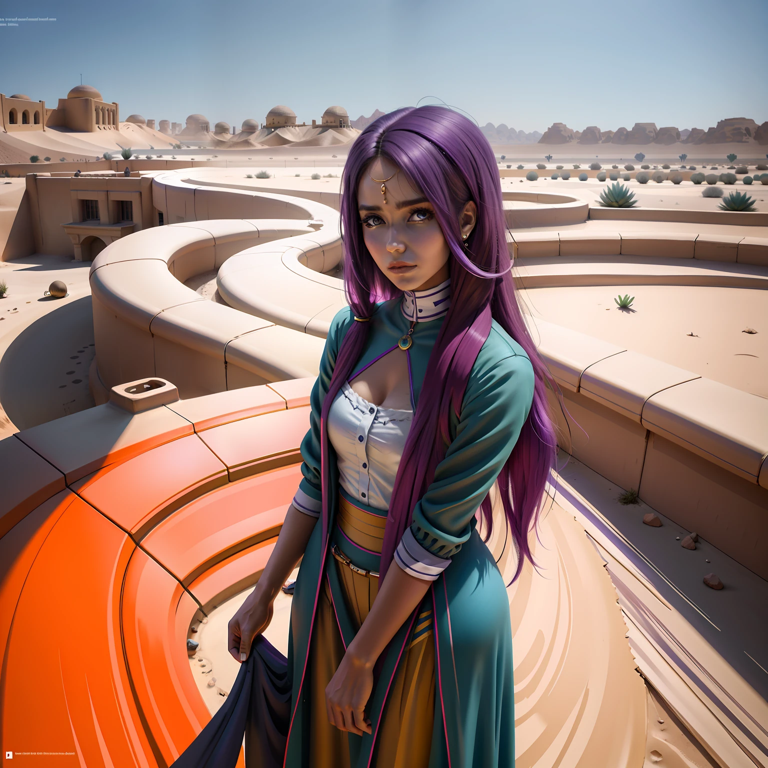 chica de cuerpo entero vestida de oficina su cabello es de color violeta  camina pensatica por un palacio del desierto