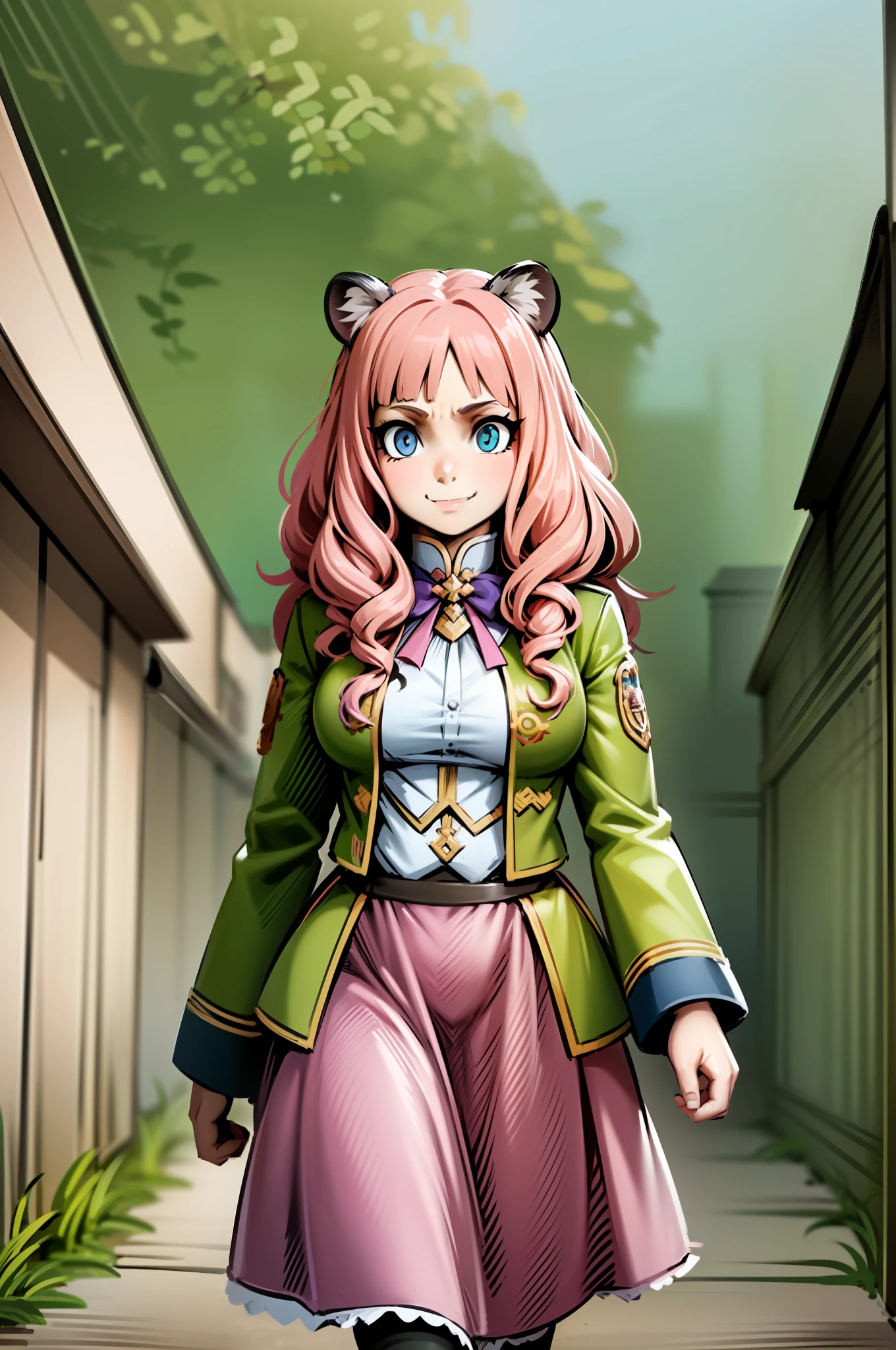 , tiger ears, tiger tails, martial art, medium chest, pink hair, skirt, jacket, godess,1girl,coat,walking, solo focus.1character, holy catholic mountain,alone, full body, long skirt, smug smile, long skirt, victorian cloths, forest, portrait