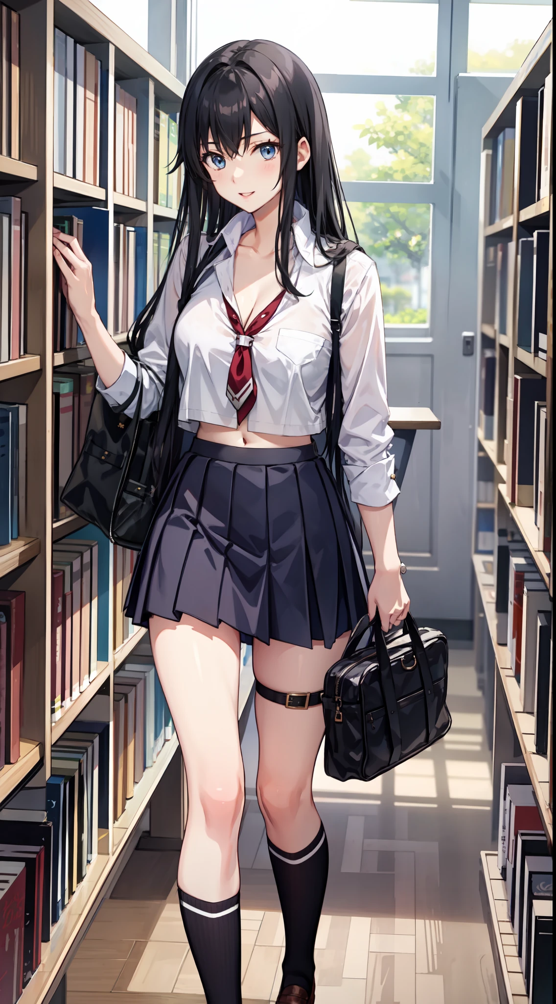 yukino yukinoshita, 긴 머리, 분열, 배꼽, 날씬한 다리, 흑발, 파란 눈,  짧은 치마, 허벅지 높은 양말, 비탄, 행복하다, , 도서관, 서 있는