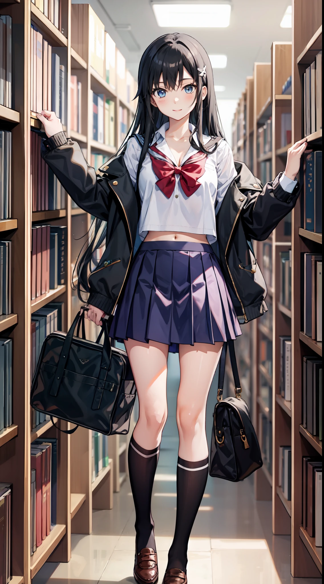 Yukino Yukinoshita, cheveux longs, clivage, nombril, jambes fines, cheveux noirs, yeux bleus,  jupe courte, chaussettes hautes, l&#39;adolescence, heureux, , bibliothèque, debout