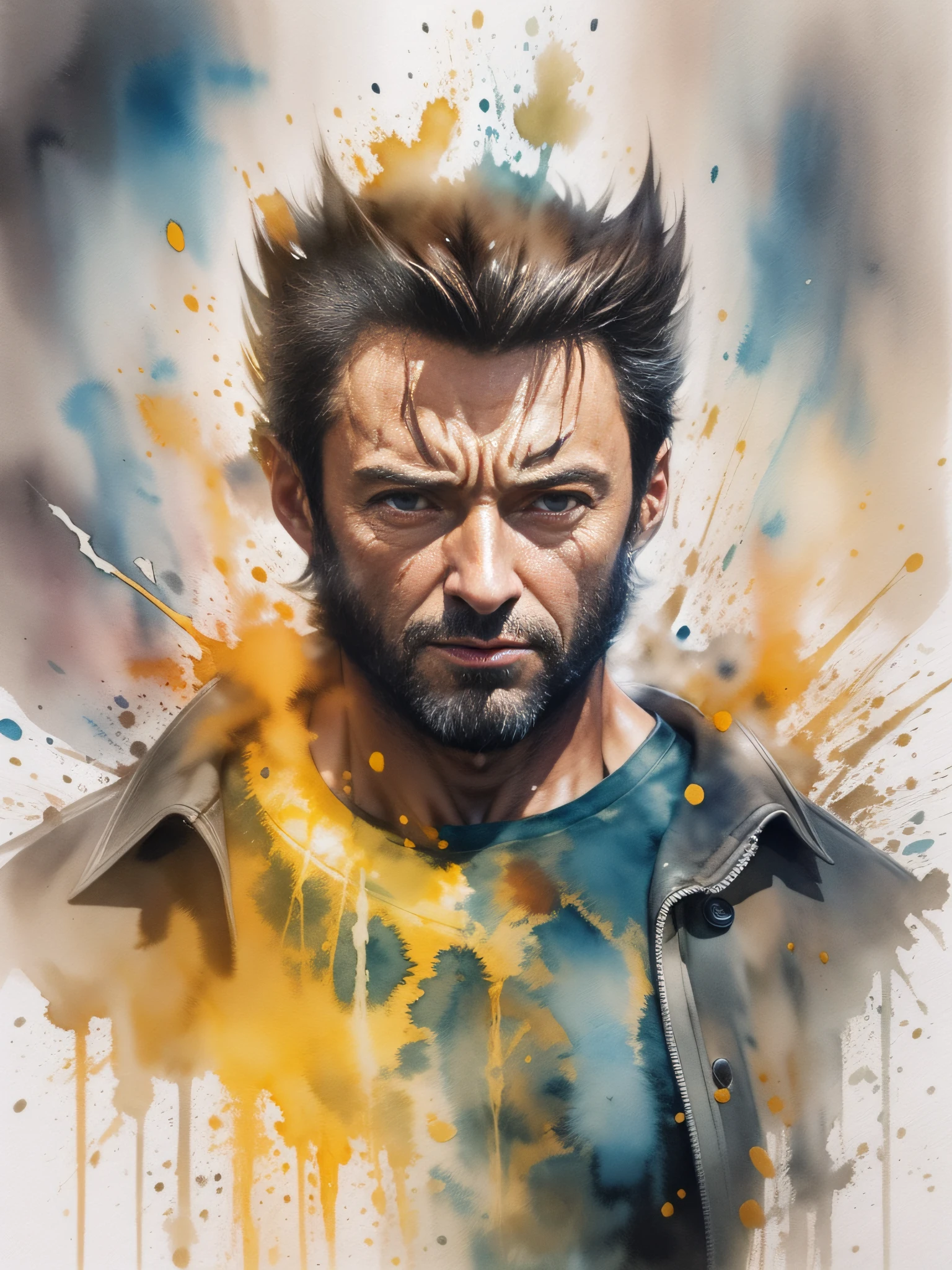 Nesta arte de aquarela cativante, Wolverine do Hugh Jackman, X-Man, o carisma irrompe em borrifos de cor. As aquarelas dinâmicas capturam seu talento versátil e presença marcante, criando um retrato requintado