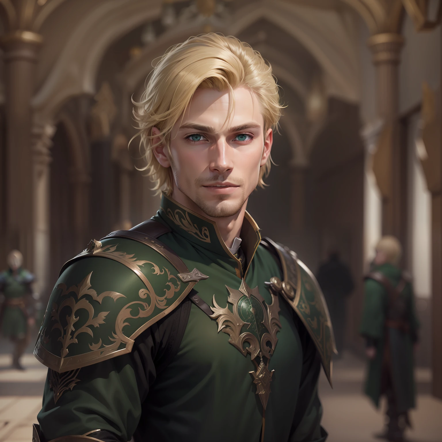 realistic image of a blond man, short hair, handsome, 32 years old, green eyes, dressed in black rpg warrior outfits with dark green shoulder pads, slight smile with extremely detailed teeth, in a large hall of a royal palace